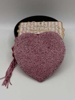 Pink Beaded Heart Shaped Coin Pouch with Tassel Keyring